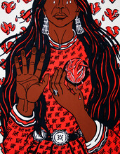 Painting of Native woman wearing red dress covered in tally marks with a bleeding heart
