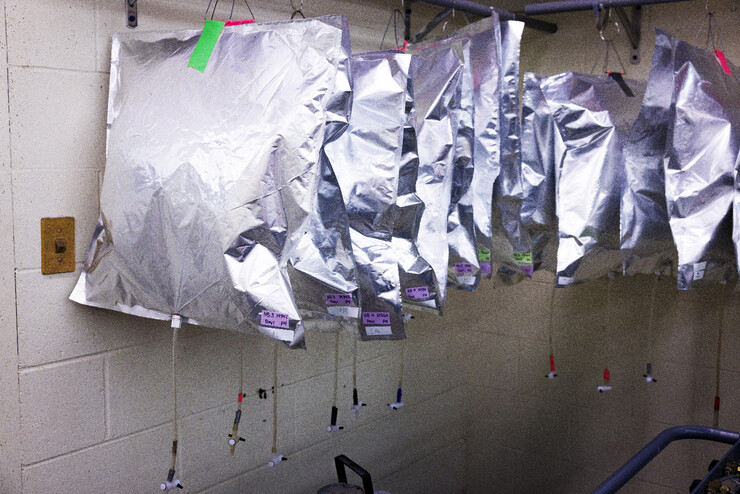 A row of air samples in silver bags.