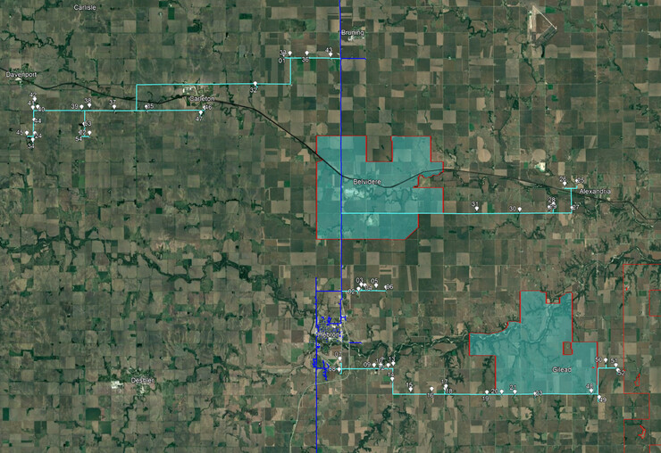 An aerial map of rural Thayer County, showing expanded broadband access to Carleton, Belvidere, Alexandria and Gilead.