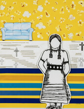 Native woman in front of yellow background with blue sofa, crosses with words next to them and colored stripes