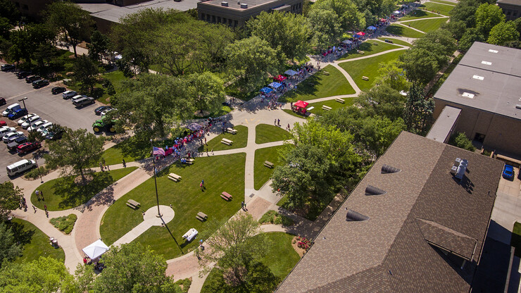 Aerial view of the East Campus mall where the first East Campus Discovery Days was held on June 12.
