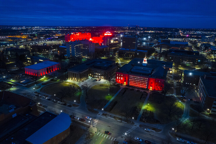 Aerial view of City Campus during the 2022 Glow Big Red event, celebrating the 153rd anniversary of the university's charter.