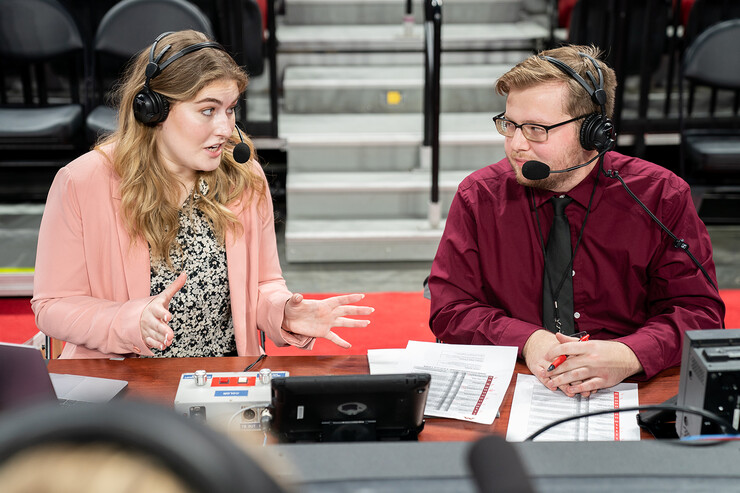 Hailey Ryerson speaks with Geoff Exstrom before the Husker women’s basketball game with Minnesota on Feb. 20.