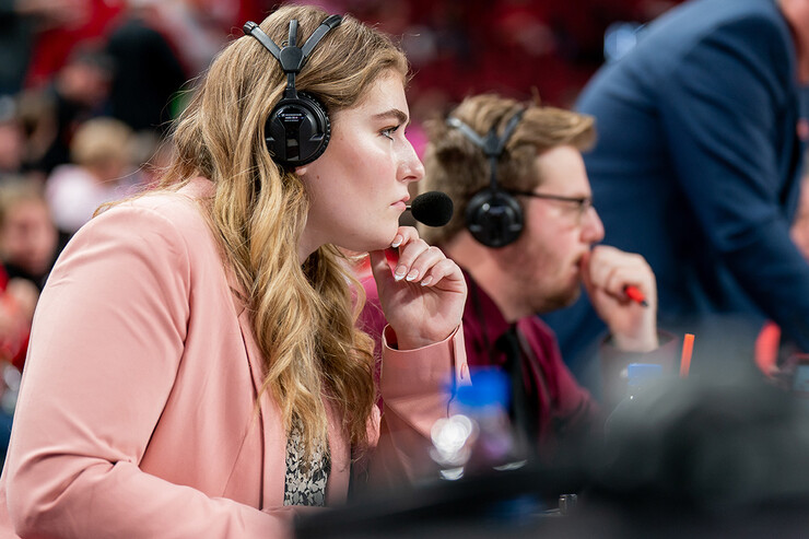Hailey Ryerson and Geoff Exstrom broadcast a Husker basketball game at Pinnacle Bank Arena February 20, 2022.