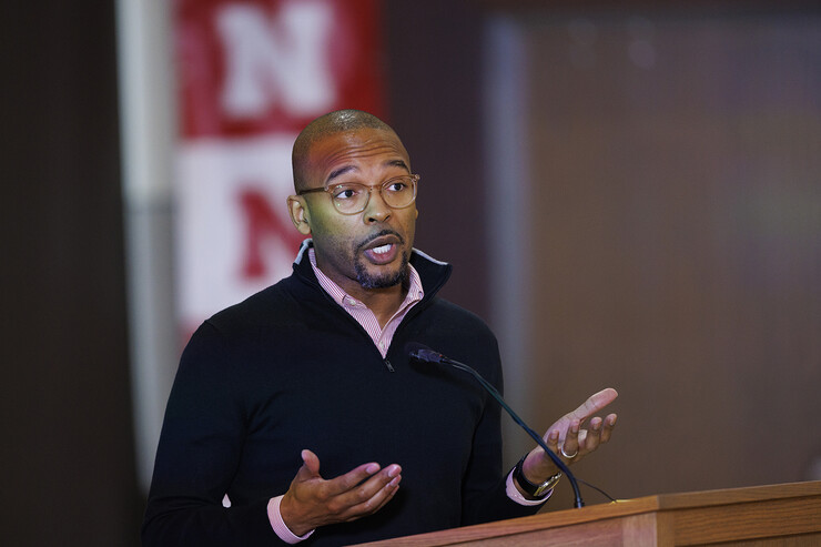 Marco Barker discusses inclusive excellence during an N2025 strategic plan discussion in the East Union on Feb. 28.