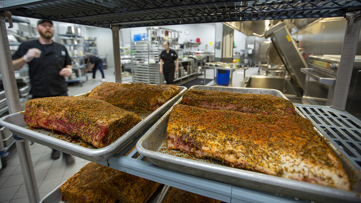 Prime rib sits seasoned and ready as Cather Dining Center staff work behind scenes on April 14.