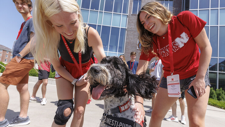 Hershey receives plenty of attention from New Student Enrollment students Madalyn Schoneman (left) and Karlee Rogokos outside the Cather Dining Center on June 17. The therapy dog remains in training and will be on campus before the start of the fall semester.