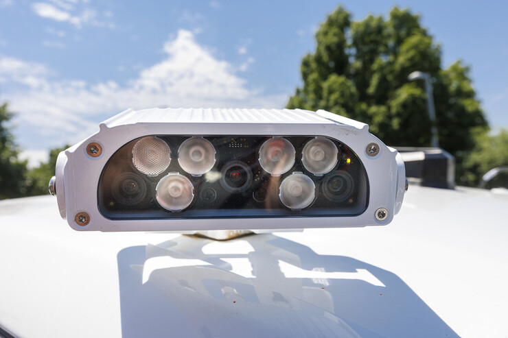 Close up of a camera used to scan for vehicle license plates. Two scanners are used on each of the electric vehicles being used for parking enforcement.
