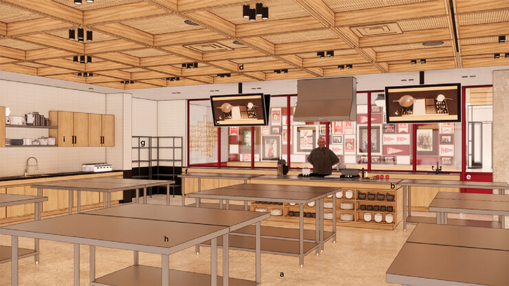 Architectural rendering of a proposed teaching kitchen that will be part of the Hospitality, Restaurant and Tourism program in The Scarlet Hotel.