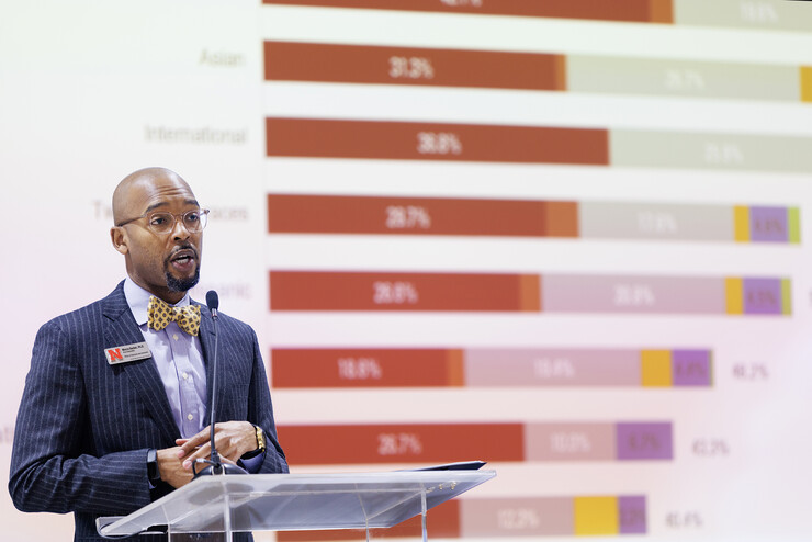 Marco Barker gives a snapshot of data at the State of Diversity Oct. 26.