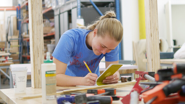  Izzy Brehm (Isabelle) working at Innovation Studio finalizing details of the custom furniture and cabinetry being built for the Art Chapel.
