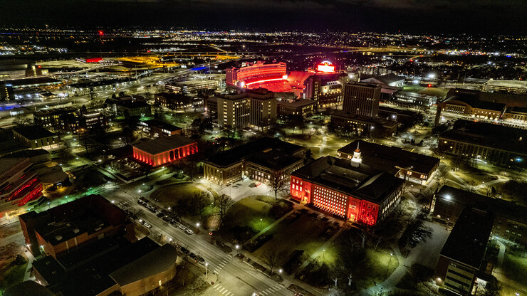 Campus glows in the night during the first day of the Glow Big Red campaign on Feb. 15.