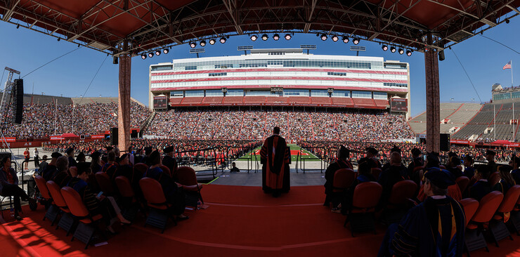 Chancellor Ronnie Green addresses graduates and the audience during spring commencement in Memorial Stadium on May 20, 2023.