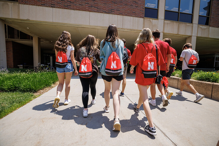 Students participating in NSE follow an NSE orientation leader on campus.