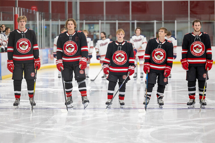 The starting lineup for Husker Hockey during their game against Dallas Baptist University Oct. 7.
