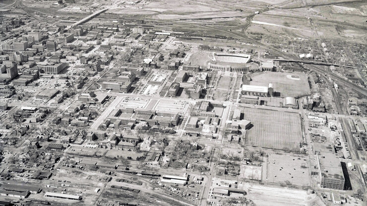 Aerial view of campus in spring 1959.