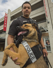 K-9 handler Russ Johnson and Layla pose outside the Stadium Drive Parking Garage prior to the April 15 spring game.