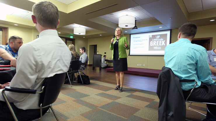 Donde Plowman, executive vice chancellor and chief academic officer, opens the Greek Vitality discussion in the Newman Center on April 24. The event drew representation from nearly 100 percent of the university's Greek chapters.