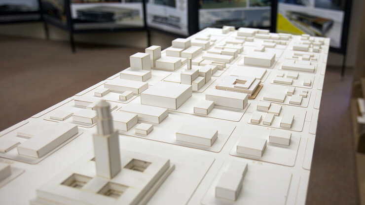 The student exhibit includes an interactive display that allows visitors to place different building designs into Lincoln's downtown cityscape.