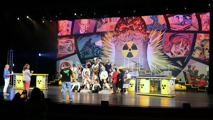 Thespian Troupe 7023 from Arab High School in Arab, Alabama, pose for a photo on the Lied Center stage after a dress rehearsal for their production of "Zombie Prom" on June 22.