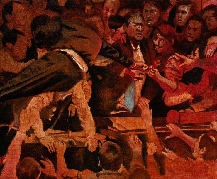 Byron Anway's first fight painting, which shows a group of politicians battling it out. The oil on linen painting was made in 2014.