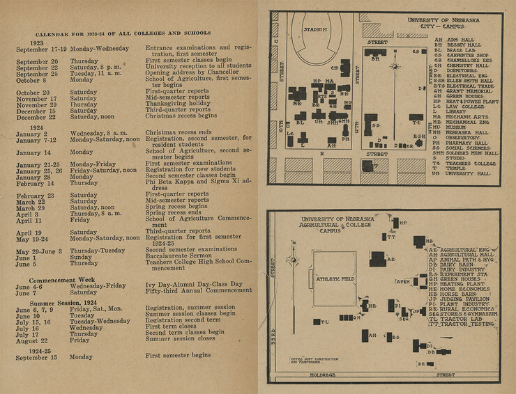Schedule and campus map from the University of Nebraska's 1923 General Catalog, which was used to guide students' academic decisions.