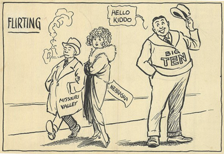 A panel from the Oct. 14, 1923 edition of "Here in Lincoln" depicts Big Ten overtures toward Nebraska.