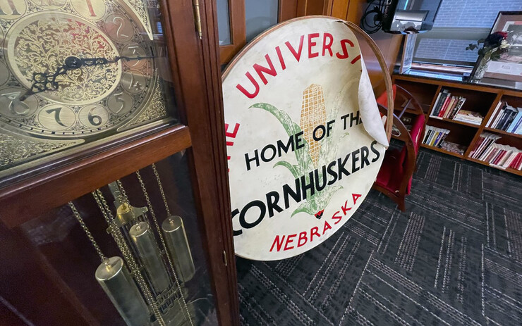 The old drum head rests against wall in the Wick Alumni Center. Plans are being made to repurpose the piece, protecting it and making it available for viewing on campus.
