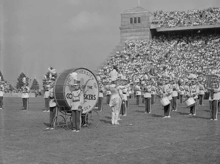 The university's five-foot-tall drum is shown on the Memorial Stadium turf in this photo from 1931.
