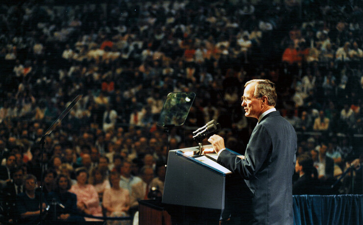 President George H.W. Bush talks to nearly 11,000 Nebraskans during his 1998 visit to the University of Nebraska–Lincoln. The speech, inspired by campus research, called for an increase in alternative energy sources.