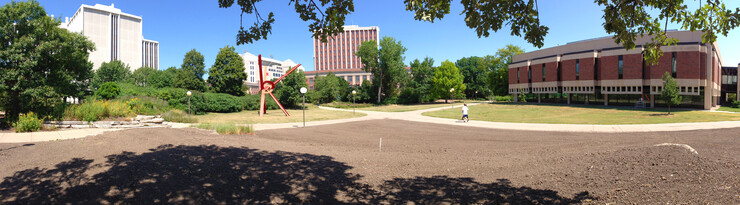 Panoramic photo of Cather Garden as viewed from the newly designed berm, located immediately north of the College of Business Administration.