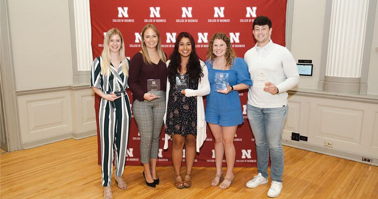  The Clifton Strengths Institute at the University of Nebraska–Lincoln recognized five students for their achievements at the third annual Clifton Strengths Institute Recognition Ceremony. Those students include (from left to right) Tori Pedersen, Jordan Seitz, Erika Casarin, Sidney Therkelsen and Adam Folsom.