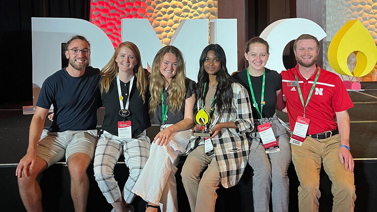 Members of the 2022-23 University of Nebraska Dance Marathon executive team accepted the award at the national leadership conference. They are (from left) Chis Kingsley, Chelsey Crowne, Gabby Paskach, Anjali Nooka, Lizzy Kenes and adviser Joe Hagerty.