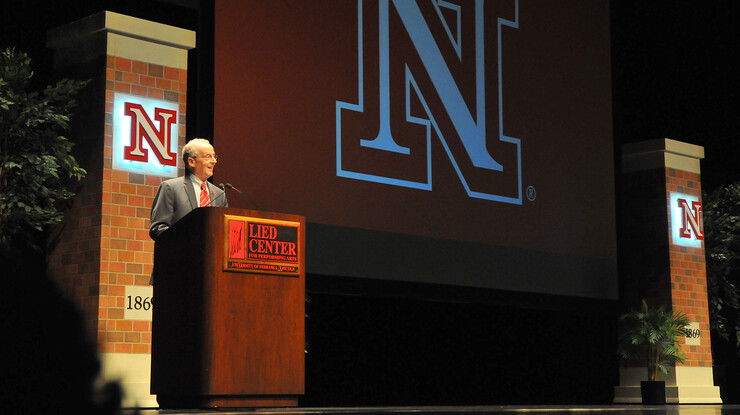 Chancellor Harvey Perlman delivers his 15th State of the University Address at UNL's Lied Center for Performing Arts on Oct. 2.