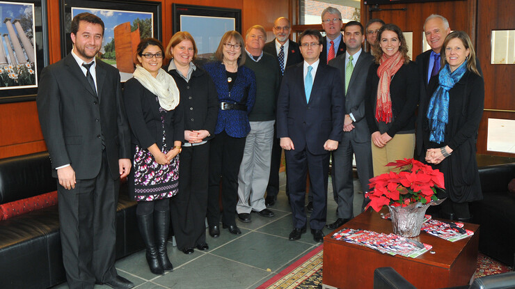 Ramis Sen, the Turkish consular general based in Chicago (seventh from left), met with UNL's (from left) Ibrahim Acar, Ece Erdoğmuş, Marnie Nelson, Helen Raikes, Michael Hoff, Ron Yoder, David Wilson, Josh Davis, Richard Bischoff, Rebecca Baskerville, Tom Farrell and Jan Esteraich during a morning session in the Wick Alumni Center.