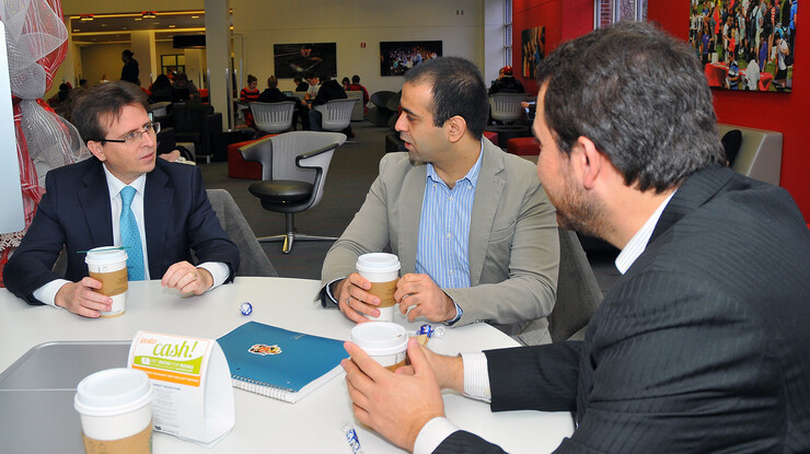 Ramis Sen, the Turkish consular general based in Chicago (left), talks with UNL graduate students Dogan Hatun (middle) and Ibrahim Acar in the Nebraska Union. After meeting with university officials, faculty and students, Sen spent part of the afternoon talking with faculty and students from Turkey.
