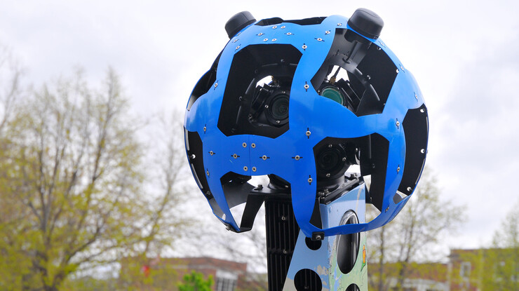The Google Trekker backpack features an array of 15 cameras that shoot a series of photos roughly every three seconds. The backpack weighs about 40 pounds.