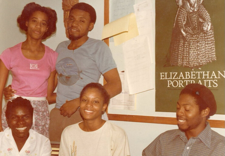 Photo of Kwame Dawes (standing, second from left) as an undergraduate student at the University of the West Indies.