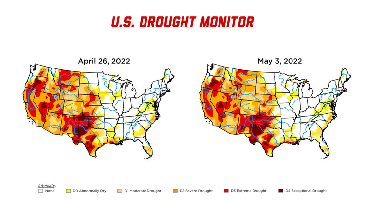 Despite rain in many areas this past week, the U.S. Drought Monitor shows large swaths of drought in the Midwest and western United States.