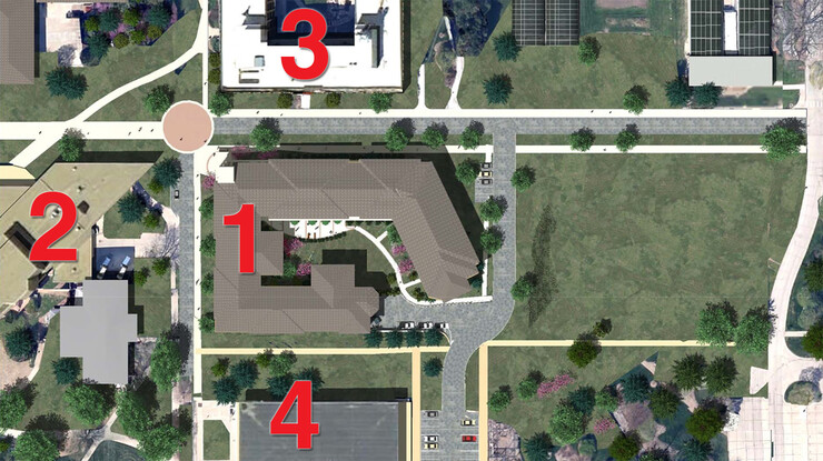 Construction of a new residence hall (1) will redefine the core of UNL’s East Campus. The residence hall (1) will be surrounded by the East Union (2), Keim Hall (3) and C.Y. Thompson Library (4). Construction of the hall is scheduled to begin in the fall.