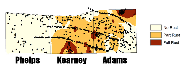 Maps of sampled groundwater sites and rust classifications in three Nebraska counties
