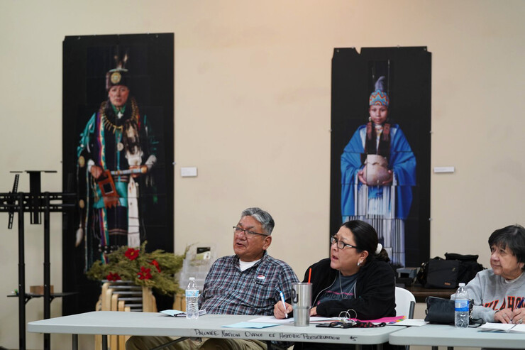 Herb Adson, Pawnee Cultural Resource director, and his wife, Kim, speak at a Pawnee language class.