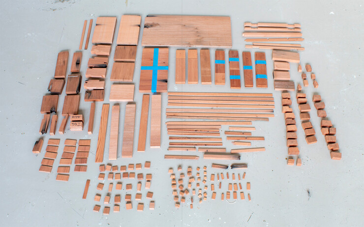 Scraps of wood assembled for display
