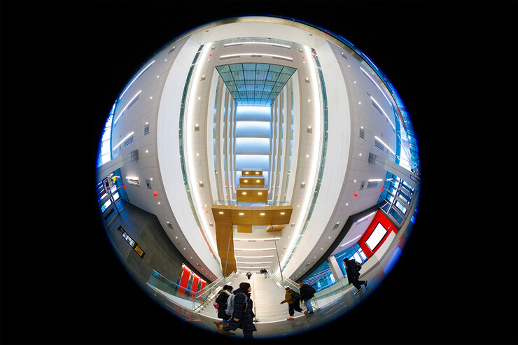A fish-eye view of the central staircase in Kiewit Hall