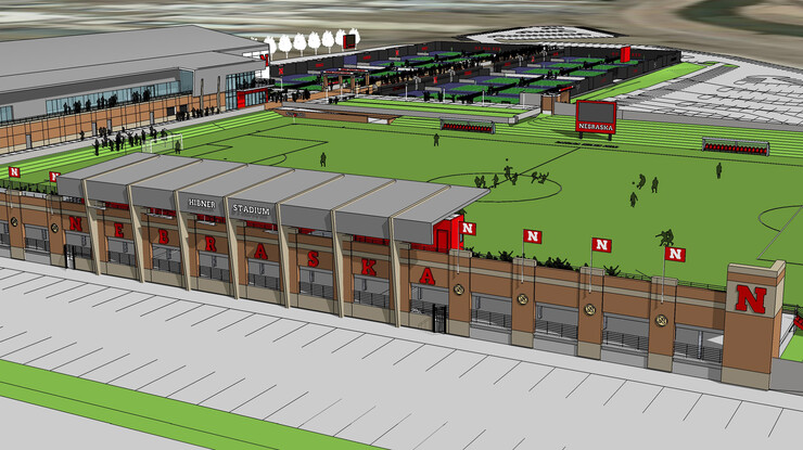 Architect's rendering of UNL's new soccer field, which will be named in honor of Barbara Hibner, HIbner worked for Nebraska athletics for nearly three decades as the women's director of athletics and senior woman administrator.