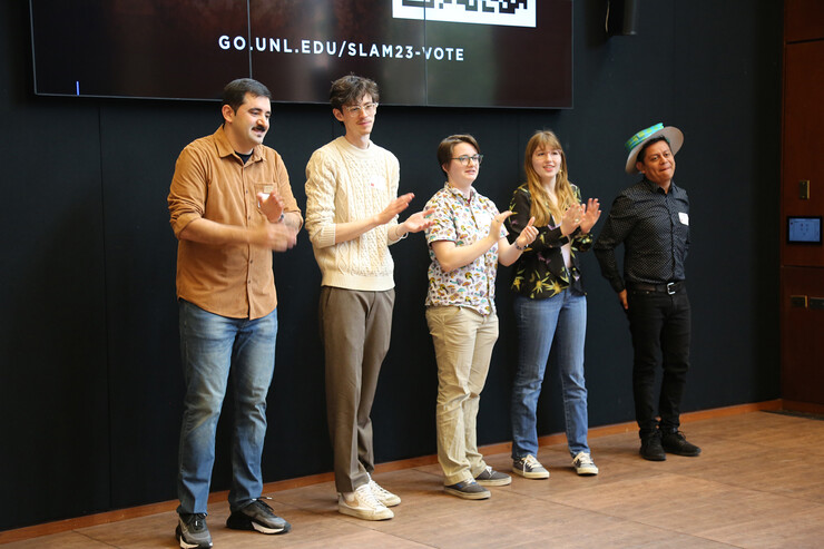 Participants in the 2023 Student Research Slam were (from left) Sahand Serajian, Sam Lawton, Ryleigh Grove, Emma Knezevic and Héctor Palala.