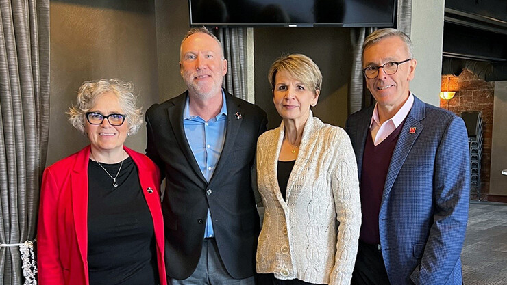 Dan and Dorothy Kearns, center, with Big Red Resilience & Well Being Director Connie Boehm, left, and UNL Chancellor Ronnie Green, right. The Kearnses presented a $25,000 gift to the university on April 18 in memory of their son, Alex Kearns.
