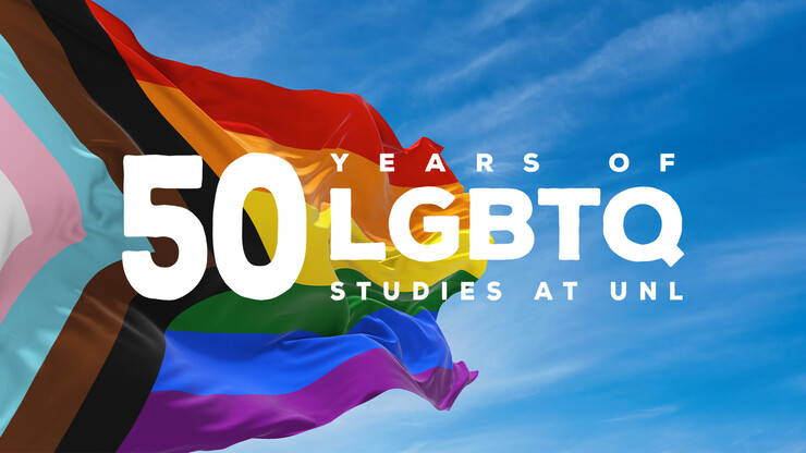 50 years of LGBTQ studies logo on a Pride flag