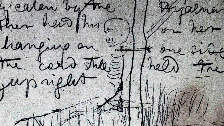 David Livingstone's diaries included a variety of sketches. This one, from his fourth field diary (July 1 to Sept. 5, 1866), shows a skeleton tied to a tree.