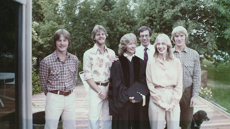 Carol with her four children and her husband Gene Livingston on the occasion of her graduation from UC Davis King Hall School of Law in May 1980. From Left to Right: Mike Leacox (born July 1960), Dan Leacox (born April 1959), Carol, Gene Livingston, Cathy (Leacox) Farman (born July 1961, Jeff Leacox (born October 1961).